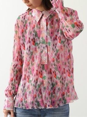 GANNI Pleated Georgette Pink Floral Blouse